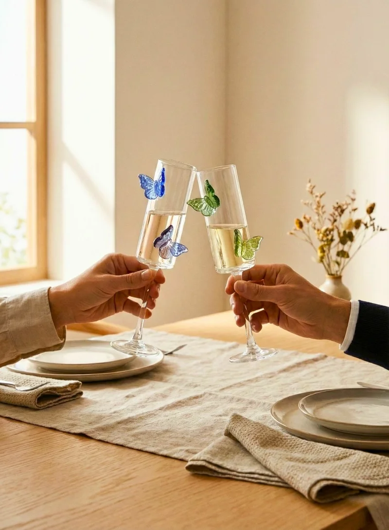 1Chase  Butterfly Champagne Glass Set of 6, 180ML Flute Shape Wine Glasses with Sapphire, Emerald & Amber Butterfly Design, Elegant Glassware for Champagne, Red & White Wine  | Best Price UAE